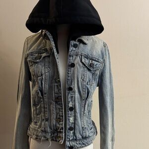 Blank NYC Light Blue Denim Jacket with Black Hood